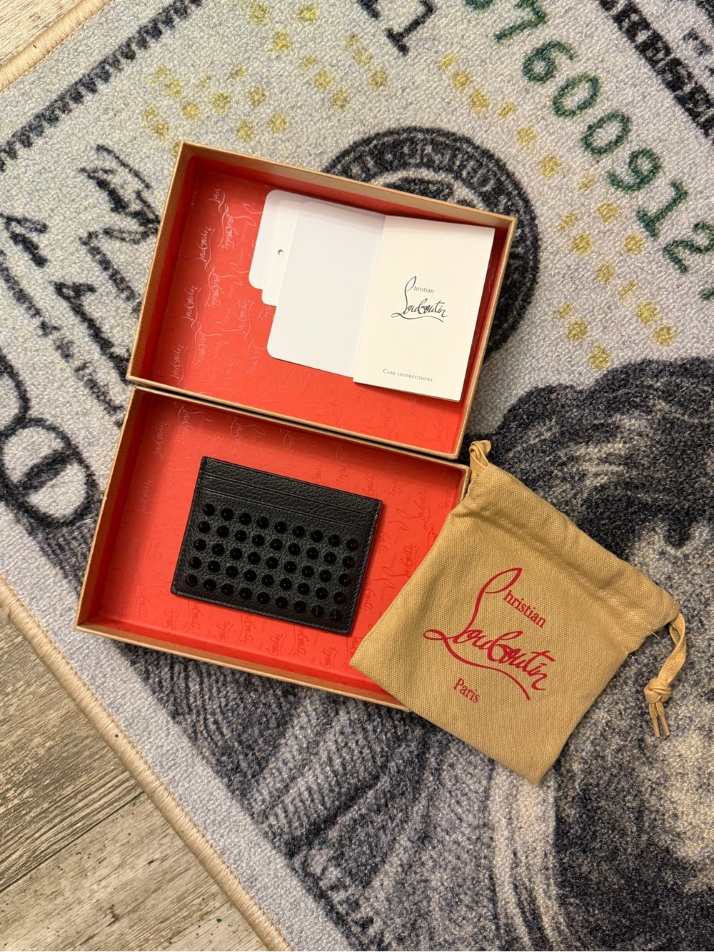 (AUTHENTIC) Christian Louboutin Black Leather Card Holder with Black Studs